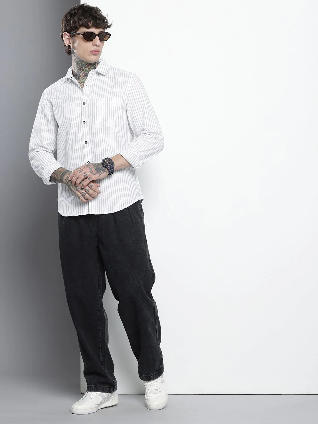 Men's White Slim Fit Striped Casual Shirt - Image 4