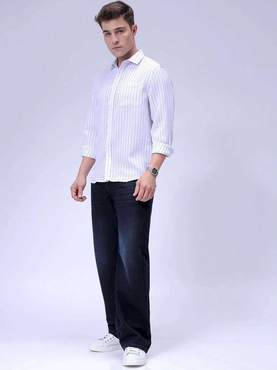 Men's White Slim Fit Striped Casual Shirt - Image 3