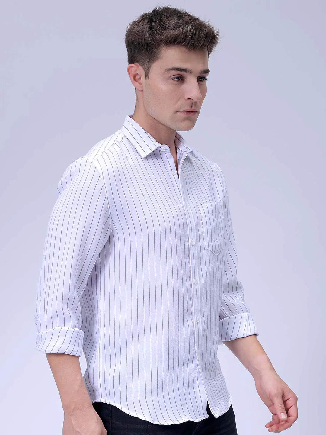 Men's White Slim Fit Striped Casual Shirt - Image 4