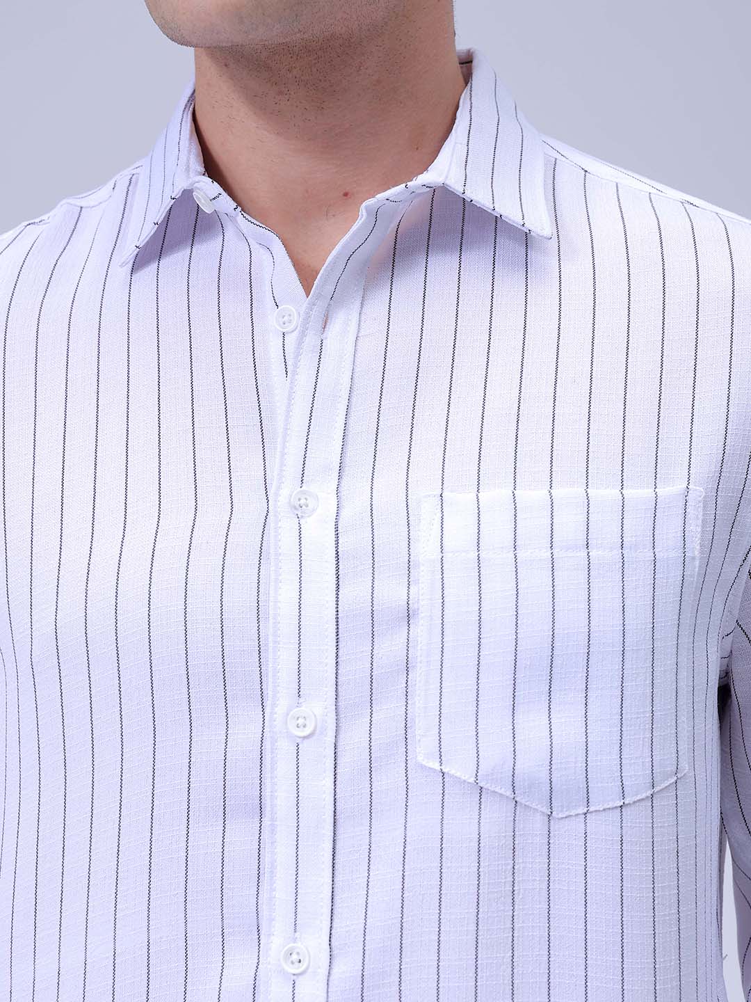 Men's White Slim Fit Striped Casual Shirt - Image 6
