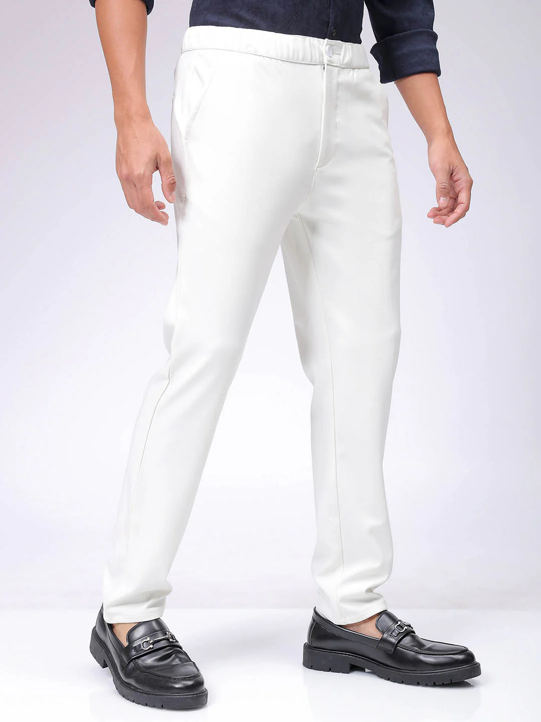 Men's White Slim Fit Textured Formal Trouser - Image 3