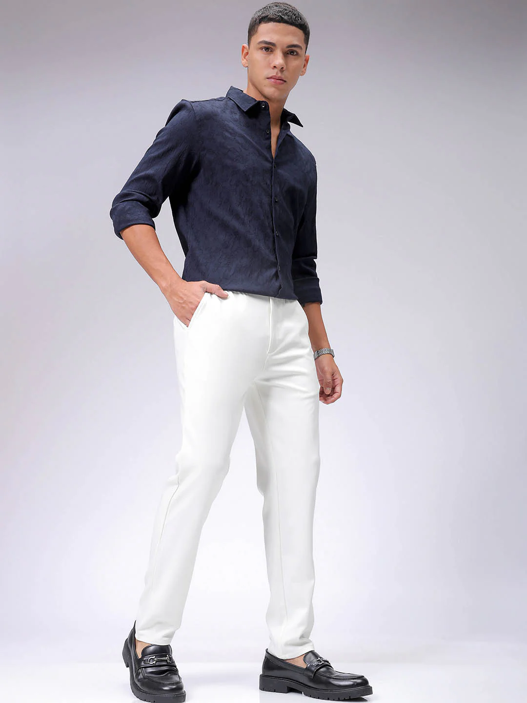 Men's White Slim Fit Textured Formal Trouser - Image 5