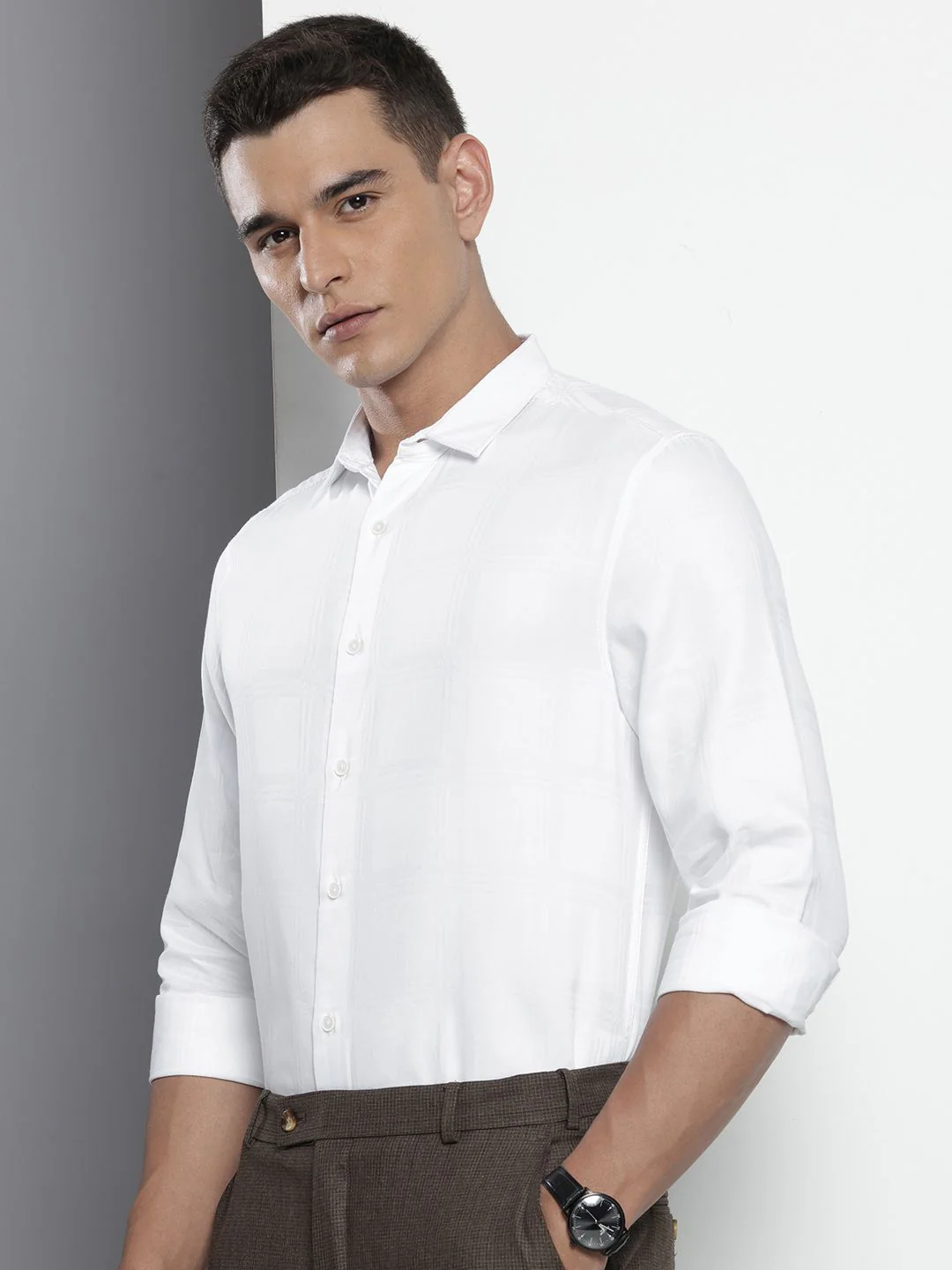 Men's White Slim Fit Textured Party Wear Shirt - Image 2