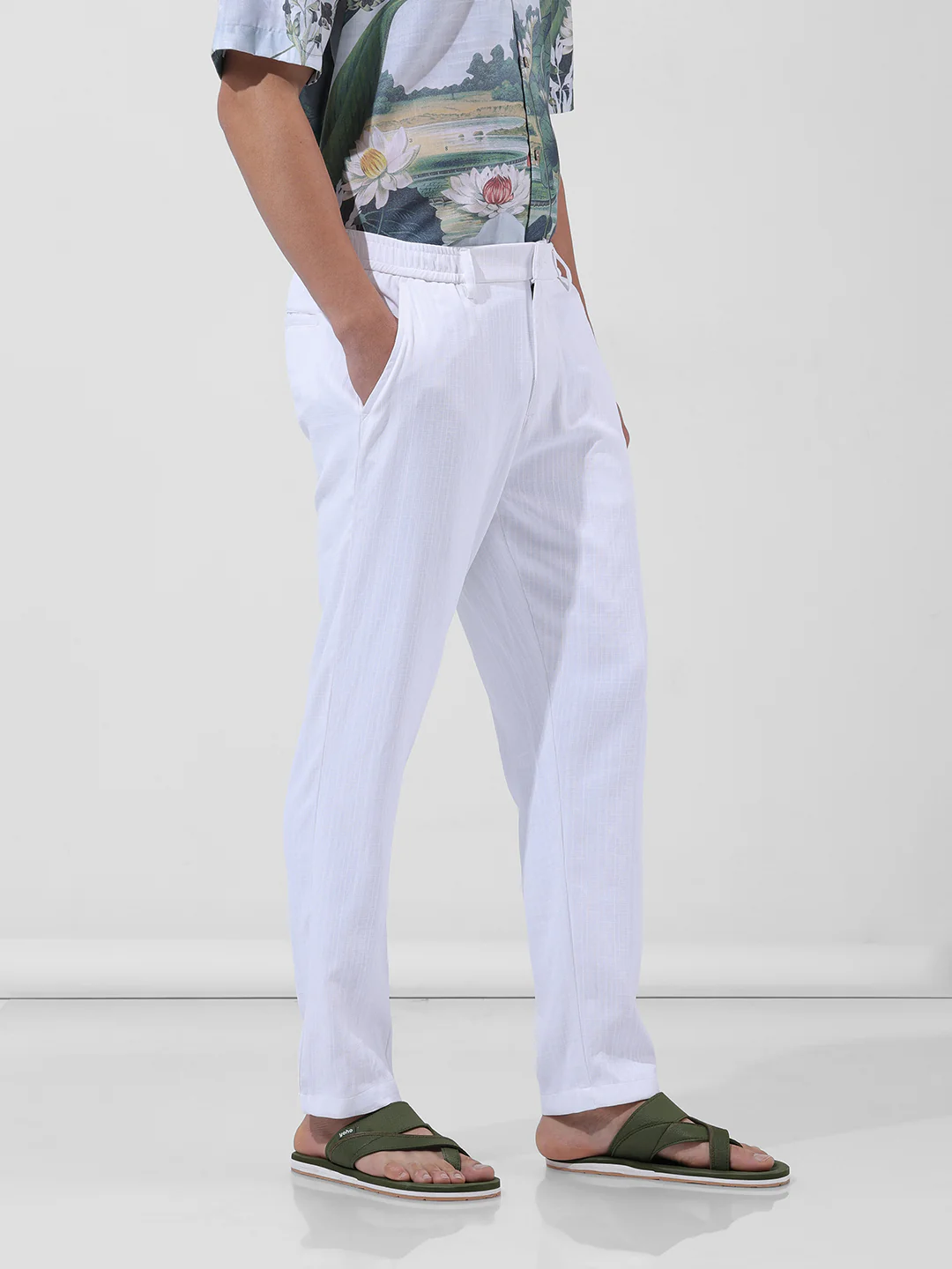 Men's White Regular Fit Solid Casual Trouser - Image 3
