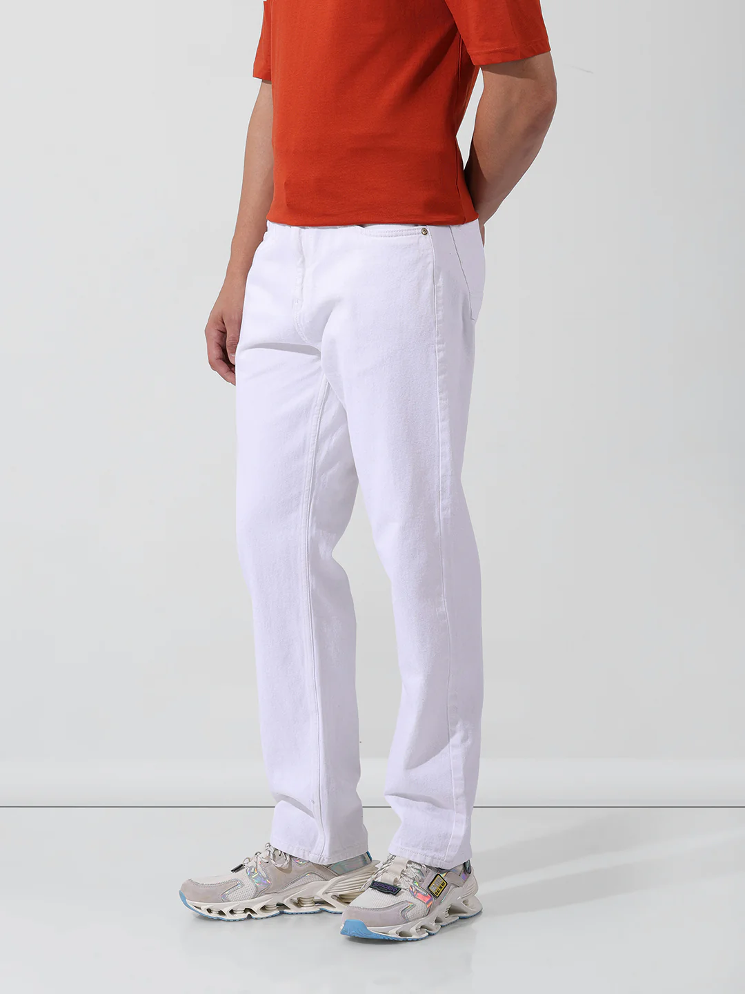 Men's White Regular Fit Solid Casual Jeans - Image 4