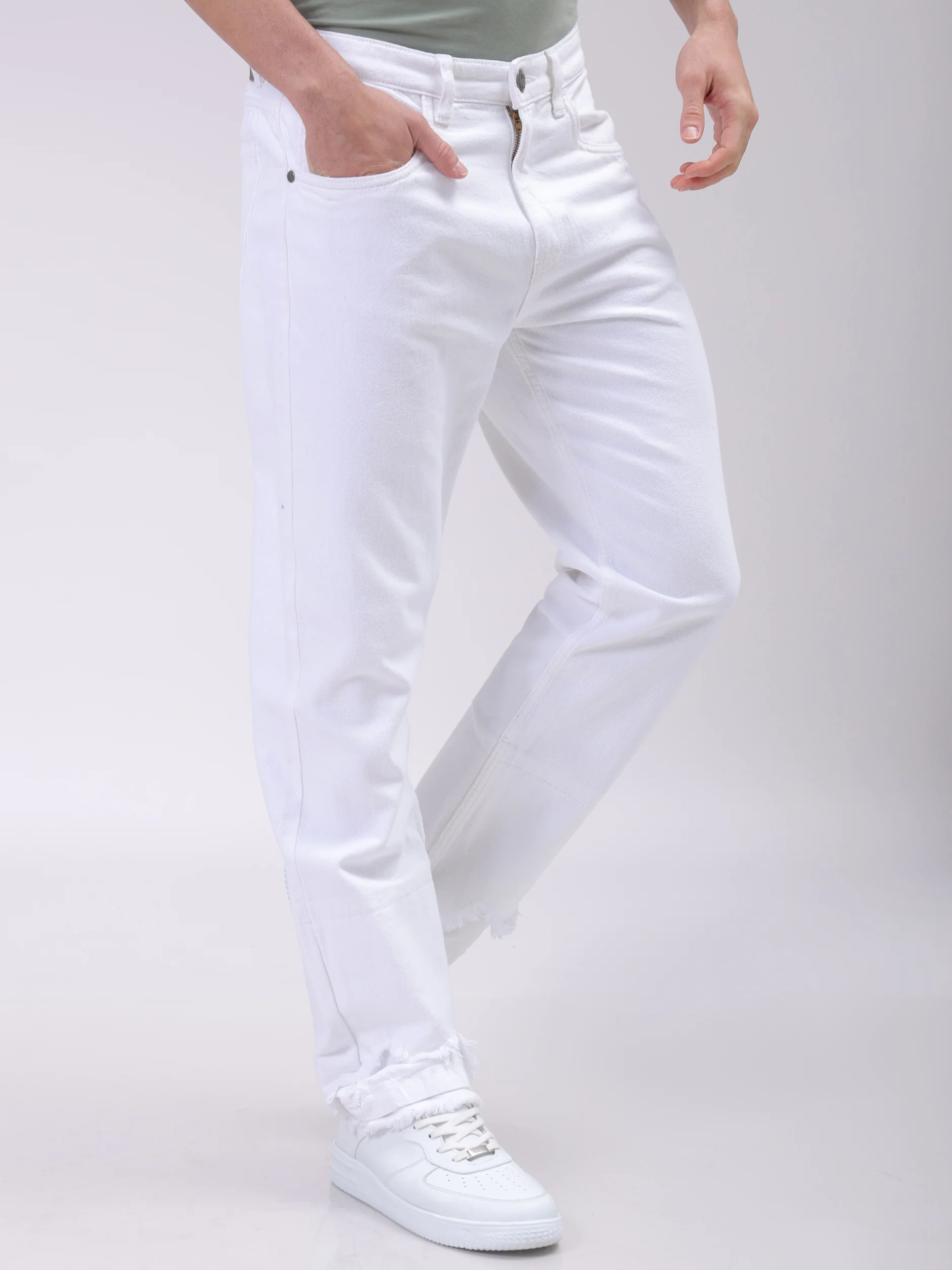 Men's White Regular Fit Solid Casual Jeans - Image 4