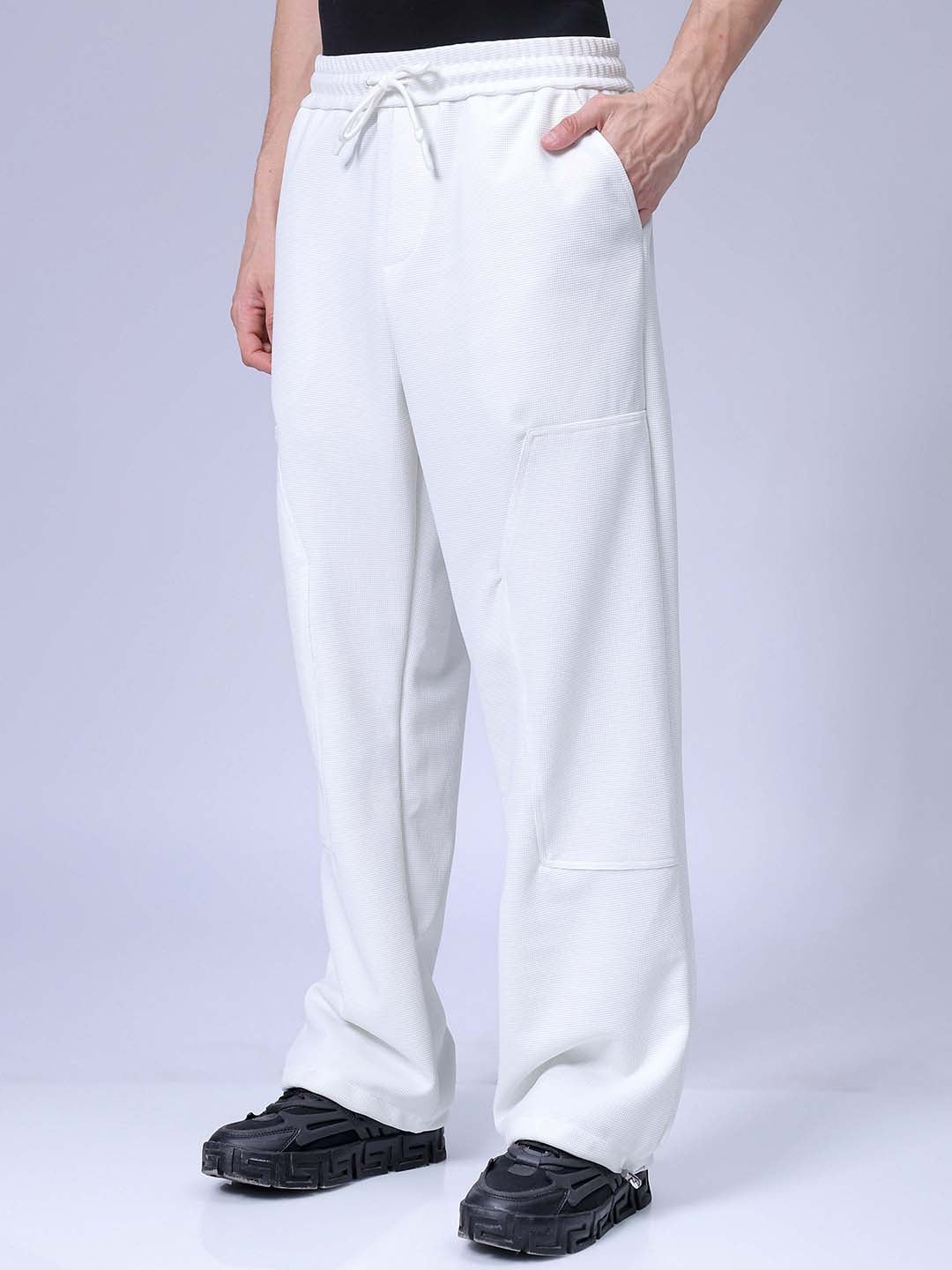 Men's White Wide Leg Fit Textured Utility Trouser - Image 2