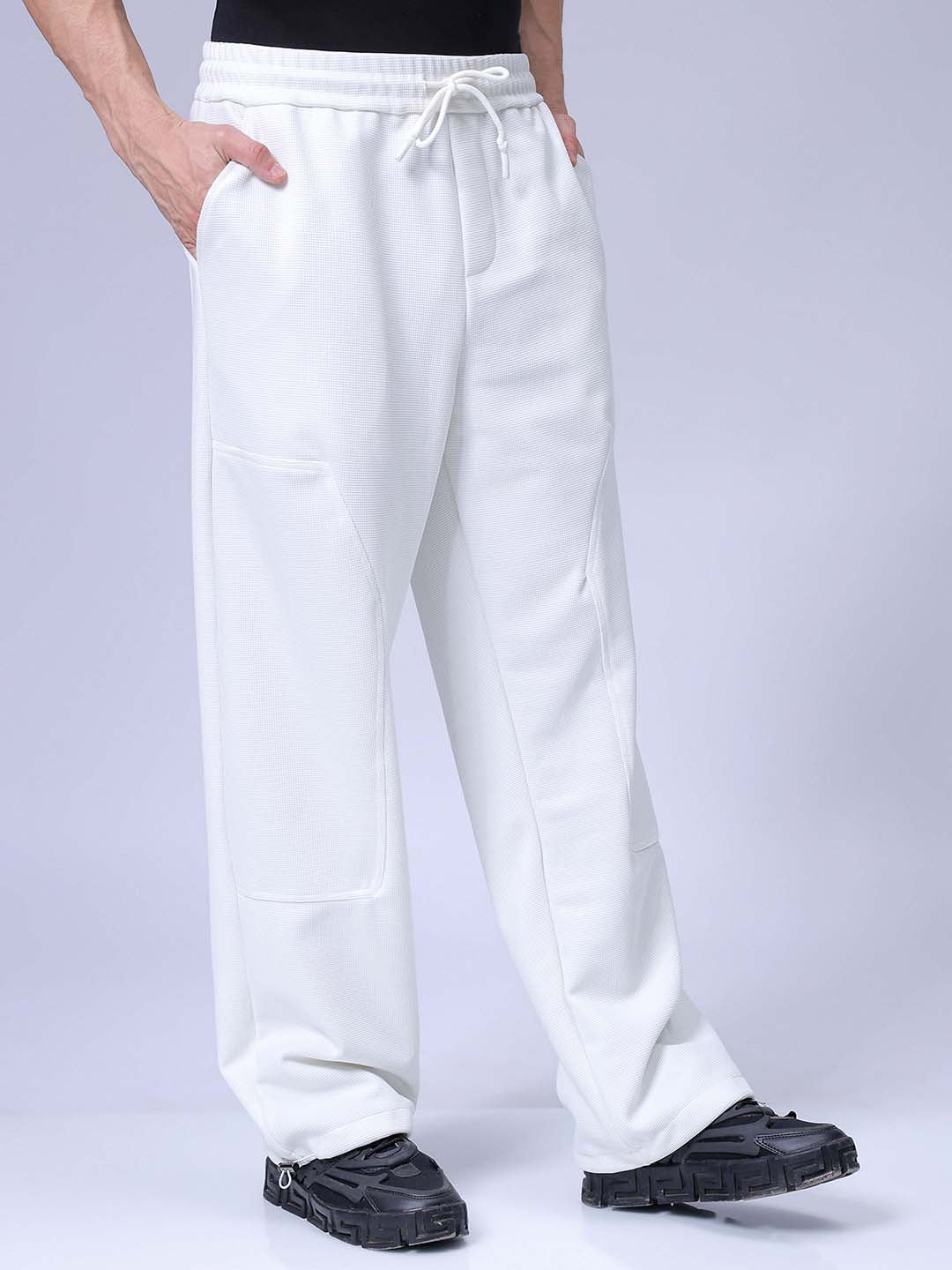 Men's White Wide Leg Fit Textured Utility Trouser - Image 3