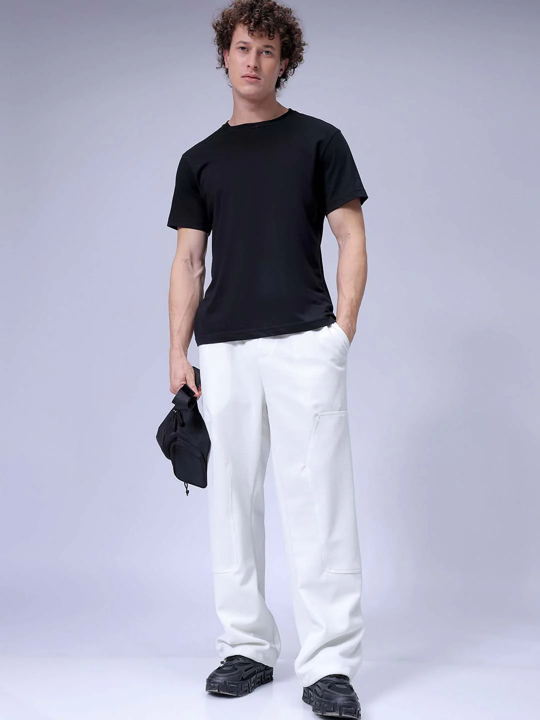 Men's White Wide Leg Fit Textured Utility Trouser - Image 4