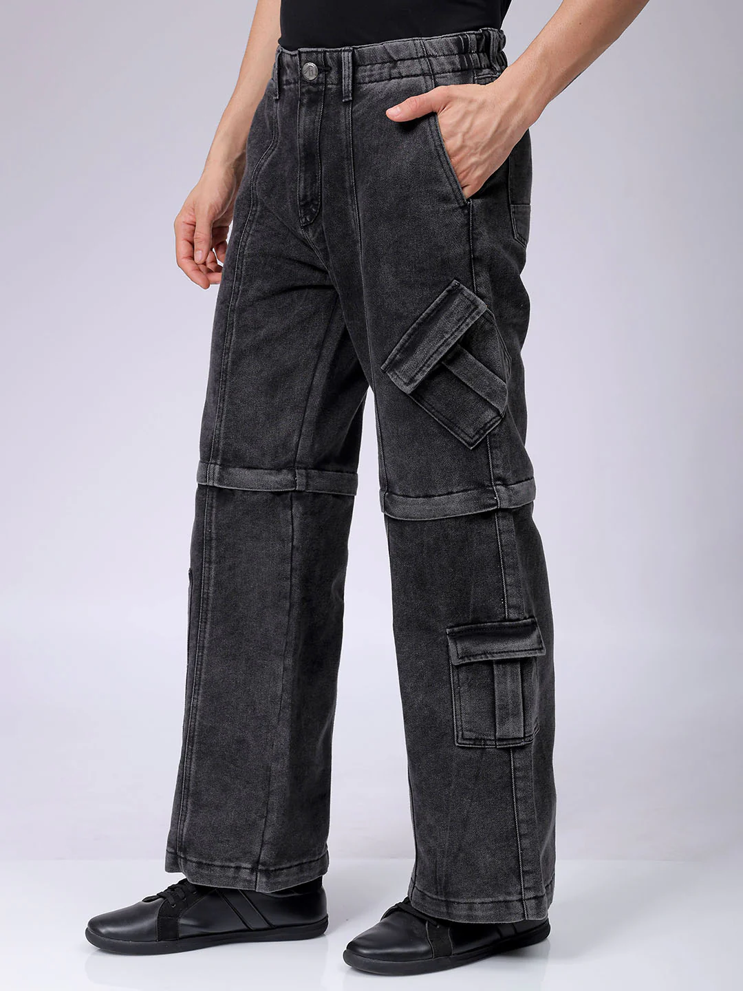 Men's Charcoal Black Wide Leg Fit Solid Utility Jeans - Image 2