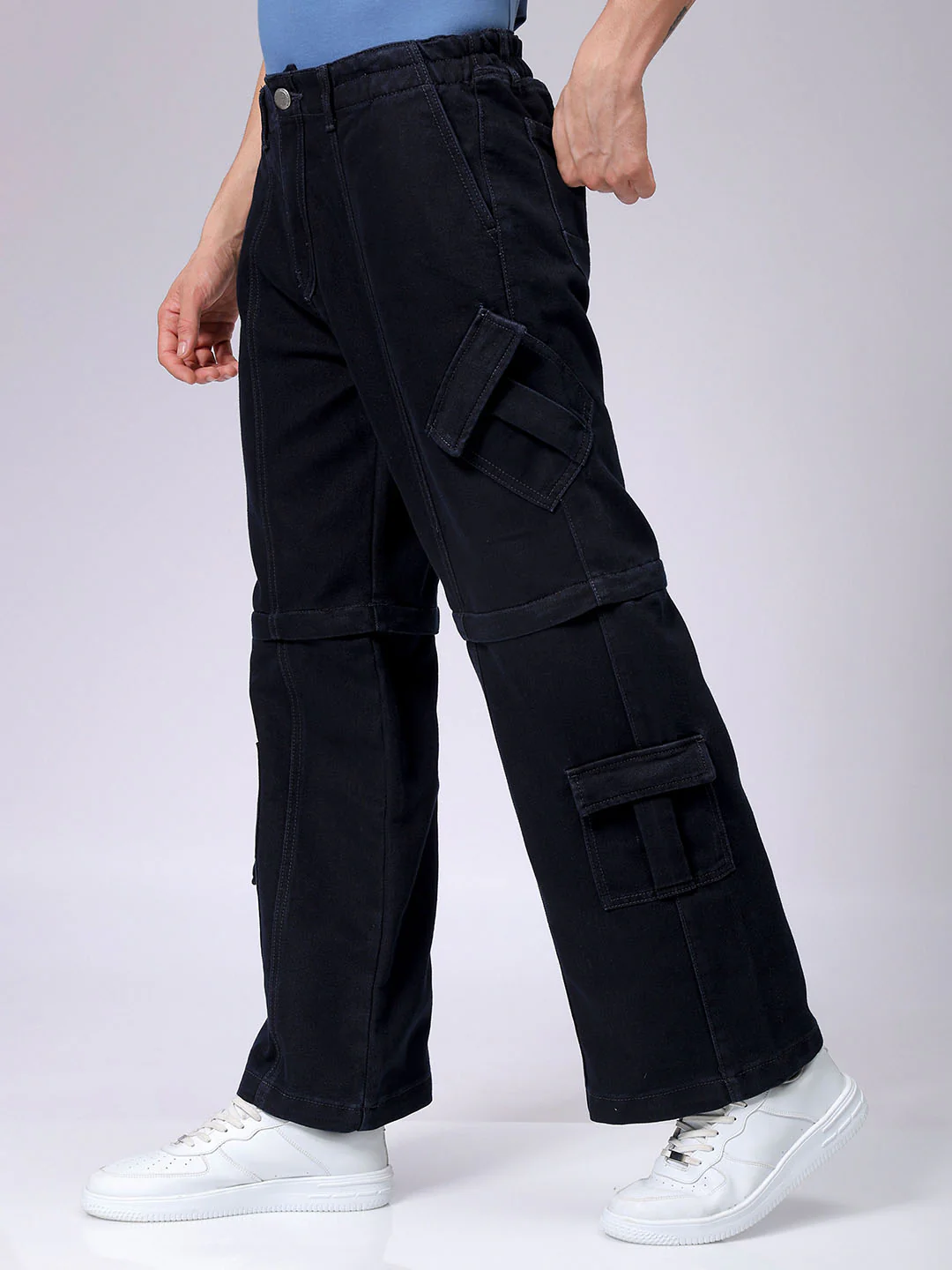 Men's Dark Blue Wide Leg Fit Solid Utility Jeans - Image 2