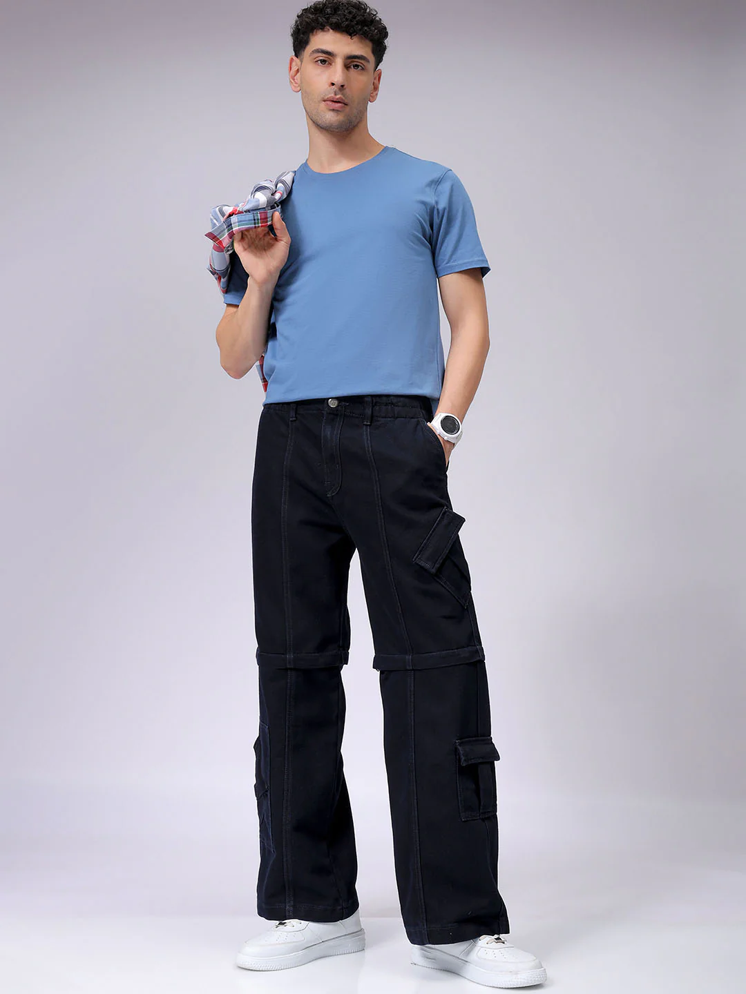 Men's Dark Blue Wide Leg Fit Solid Utility Jeans - Image 3