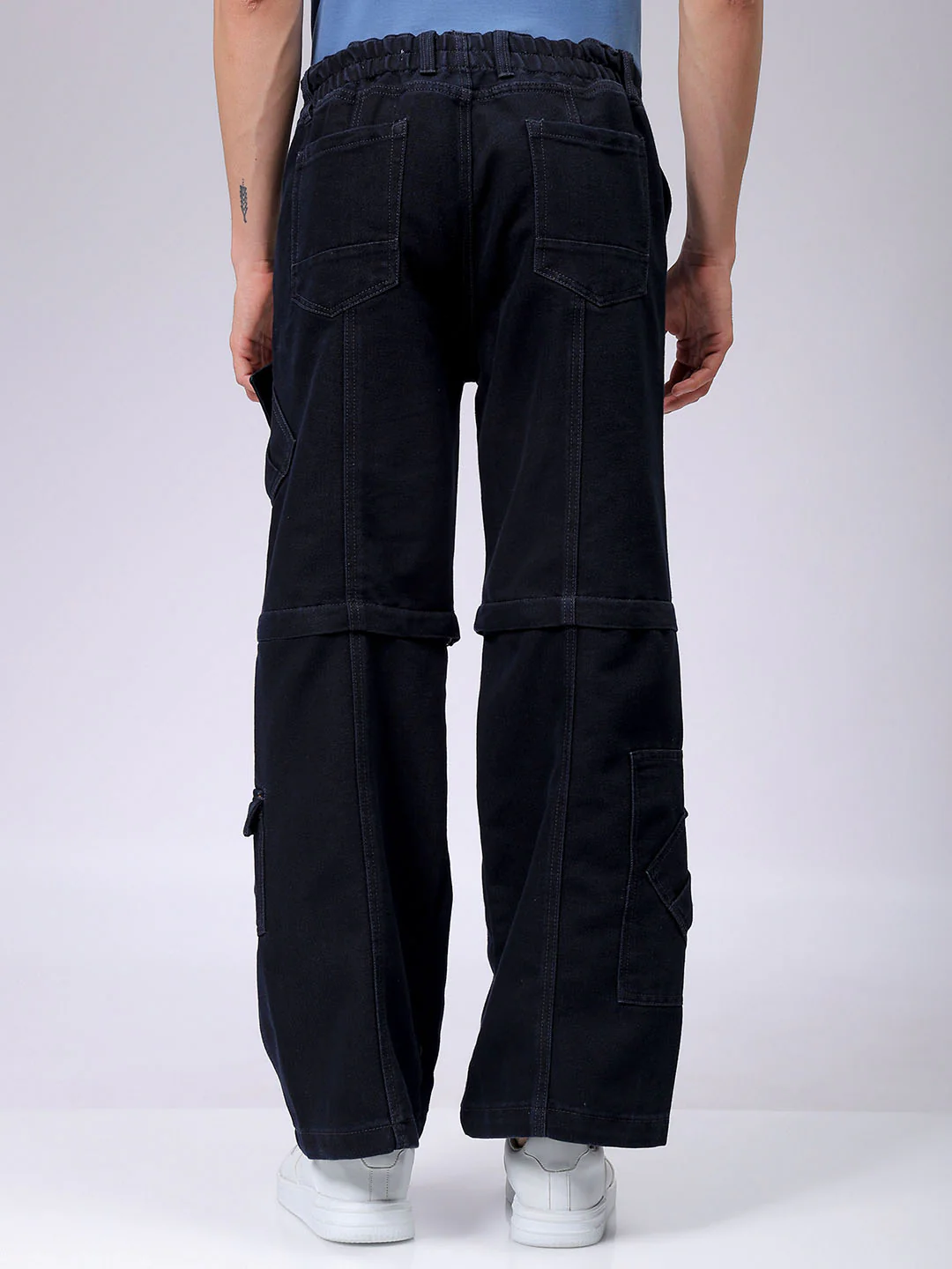 Men's Dark Blue Wide Leg Fit Solid Utility Jeans - Image 5