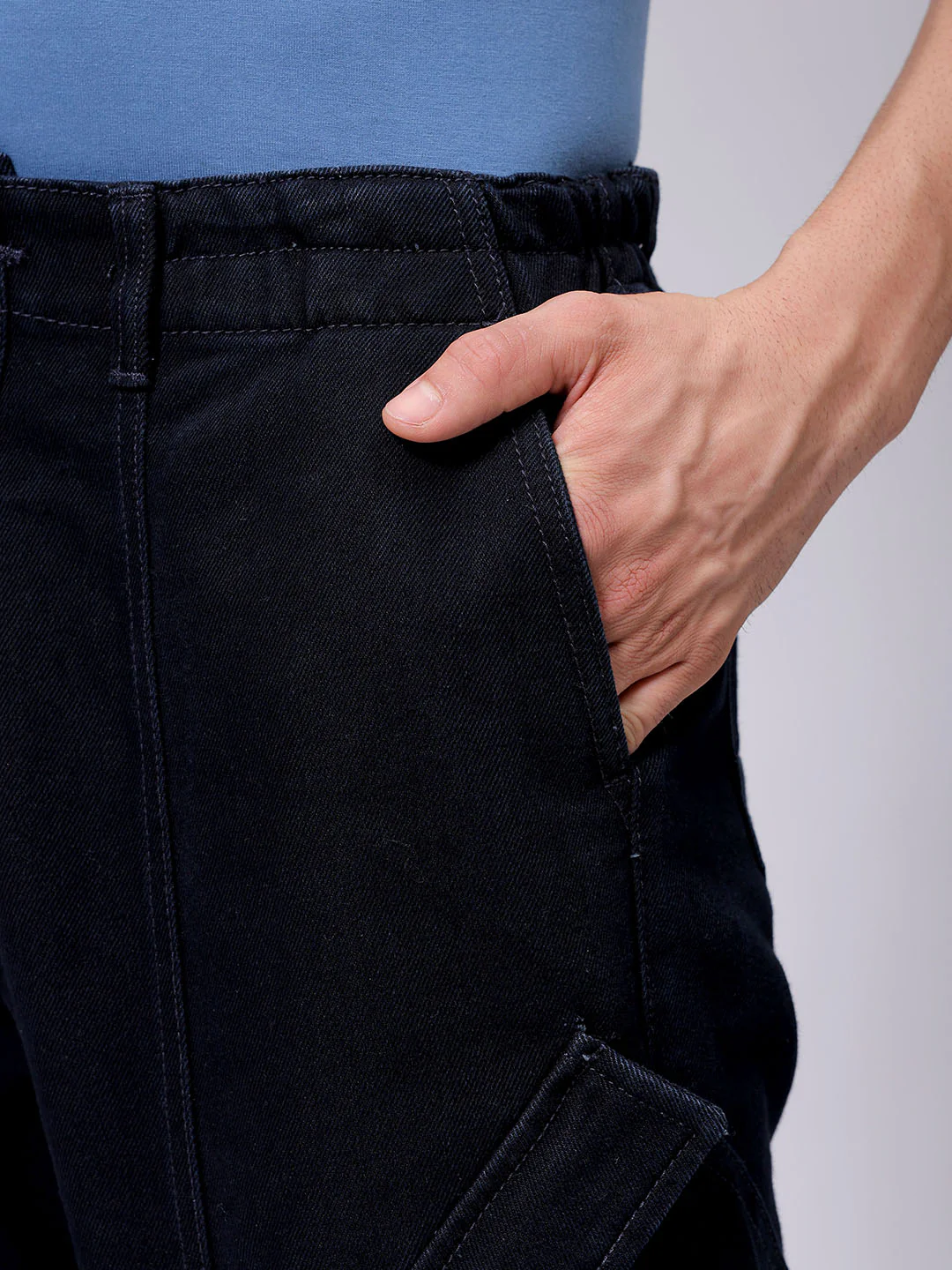 Men's Dark Blue Wide Leg Fit Solid Utility Jeans - Image 8
