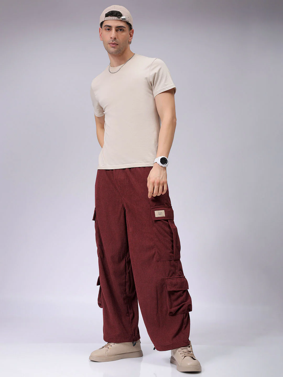 Men's Burgundy Wide Leg Fit Textured Utility Cargo - Image 2