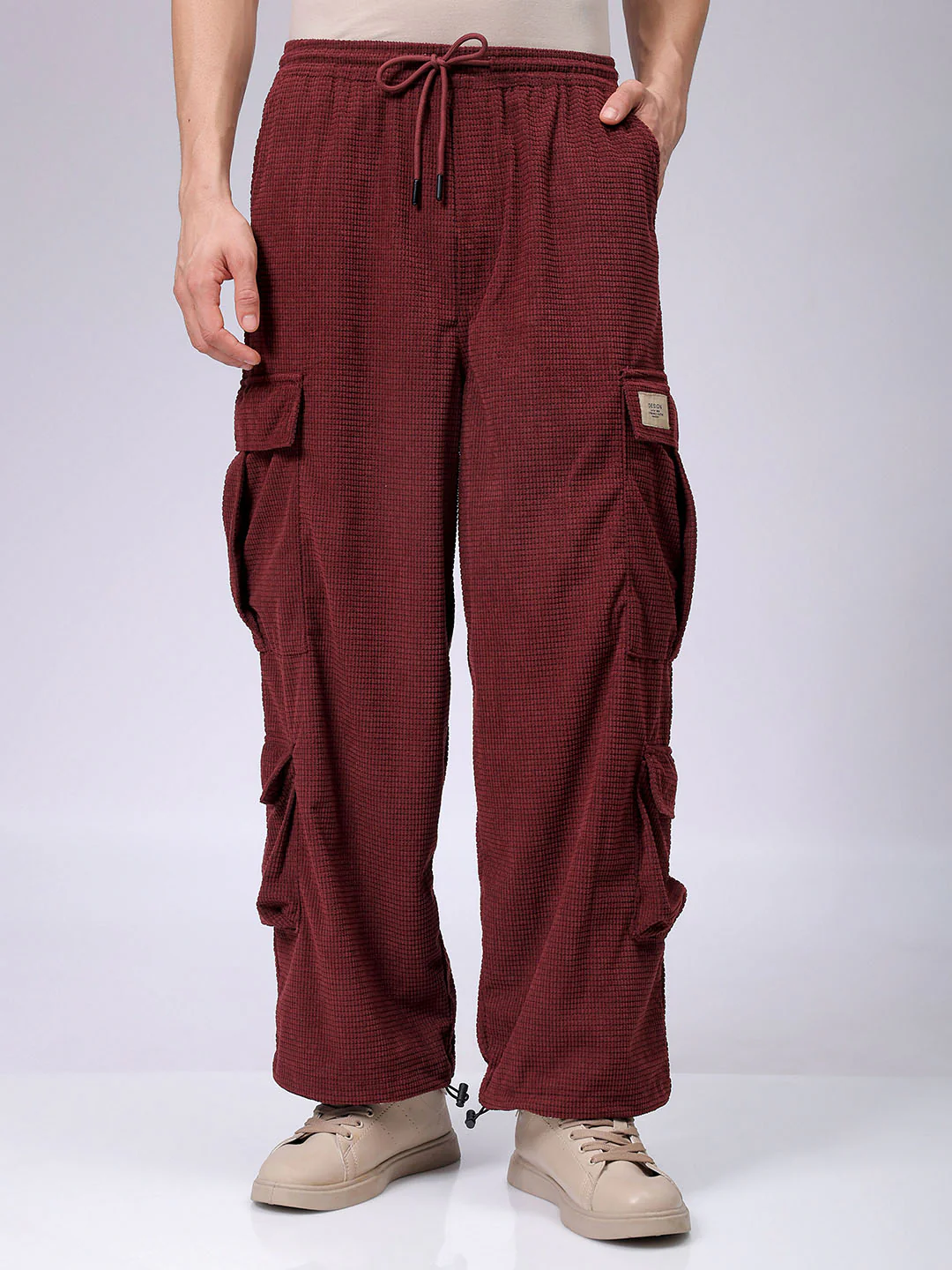 Men's Burgundy Wide Leg Fit Textured Utility Cargo - Image 3