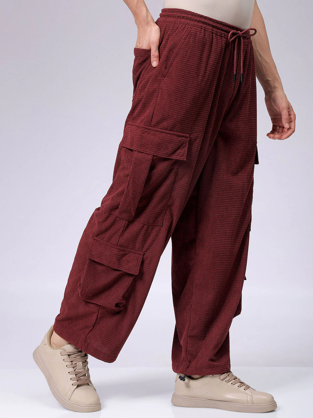 Men's Burgundy Wide Leg Fit Textured Utility Cargo - Image 4