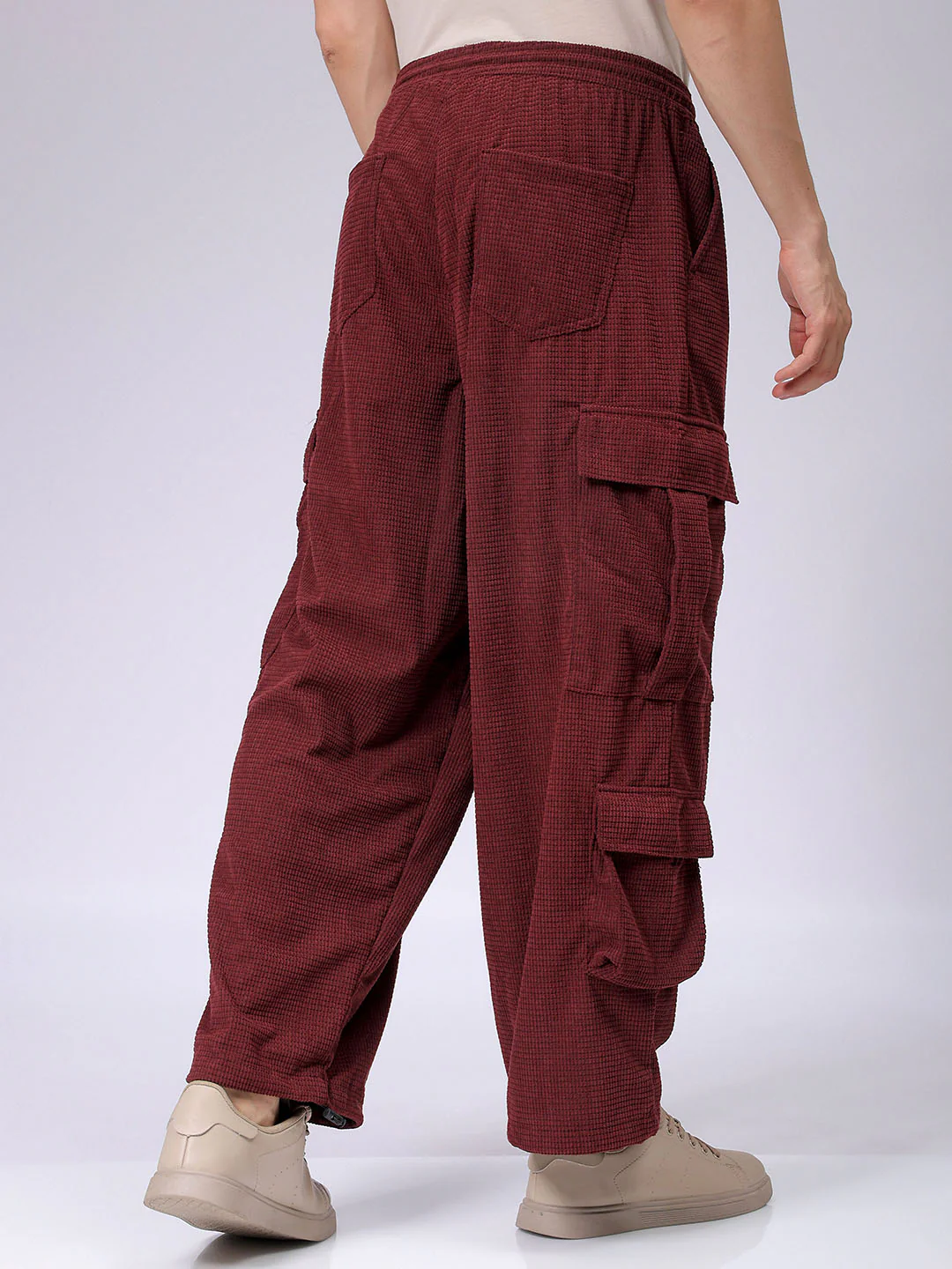 Men's Burgundy Wide Leg Fit Textured Utility Cargo - Image 5