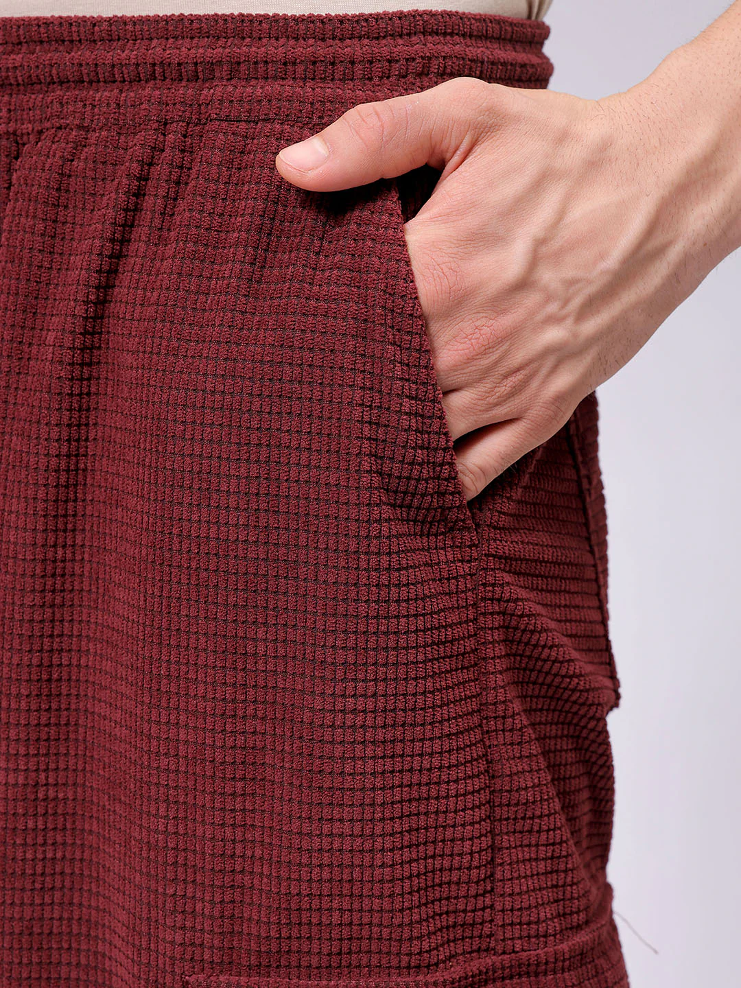 Men's Burgundy Wide Leg Fit Textured Utility Cargo - Image 7