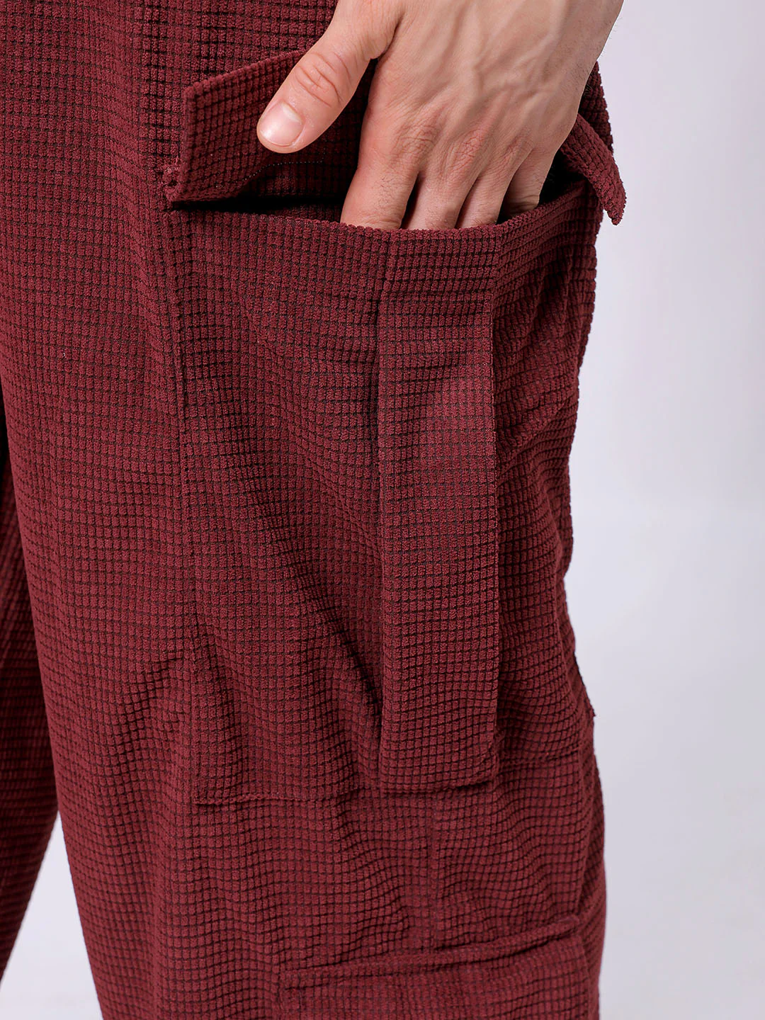 Men's Burgundy Wide Leg Fit Textured Utility Cargo - Image 8
