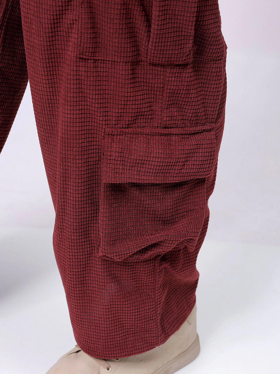 Men's Burgundy Wide Leg Fit Textured Utility Cargo - Image 9