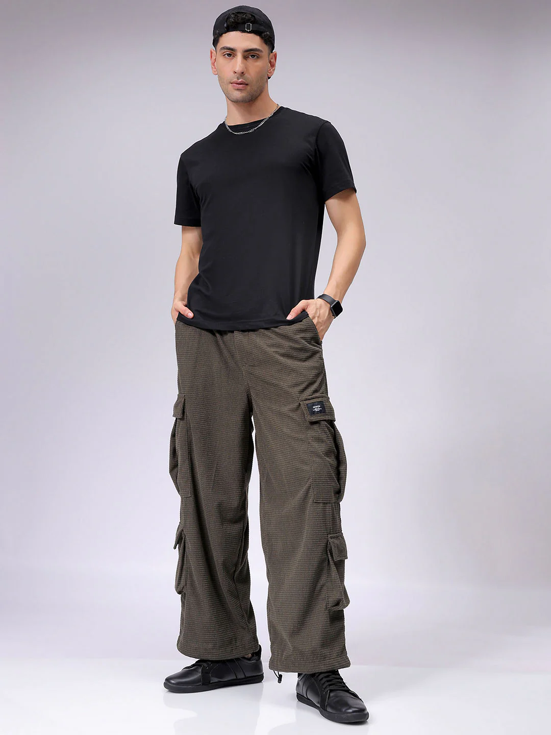 Men's Dark Olive Wide Leg Fit Textured Utility Cargo - Image 2