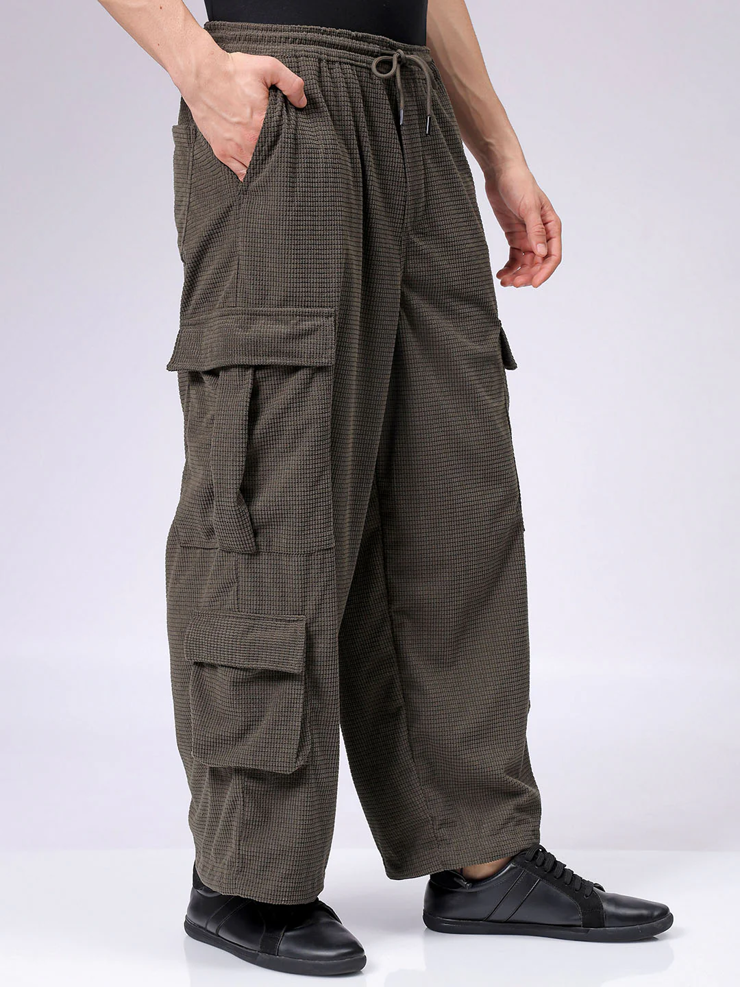 Men's Dark Olive Wide Leg Fit Textured Utility Cargo - Image 3