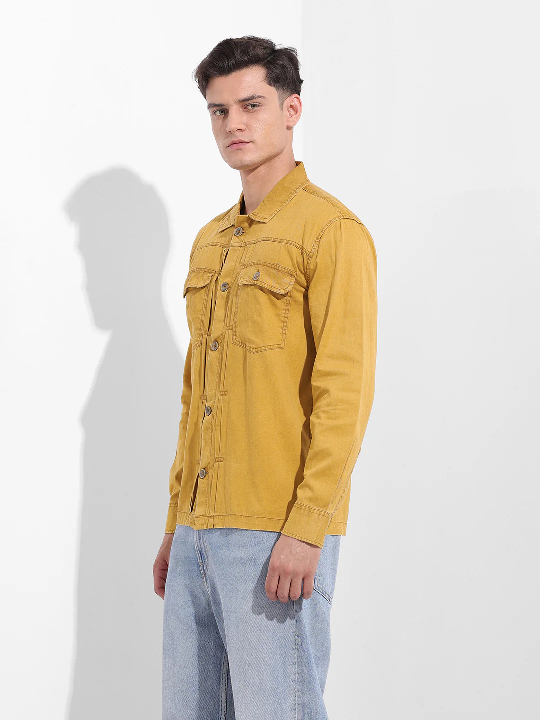 Men's Yellow Regular Fit Solid Vintage Shirt - Image 2