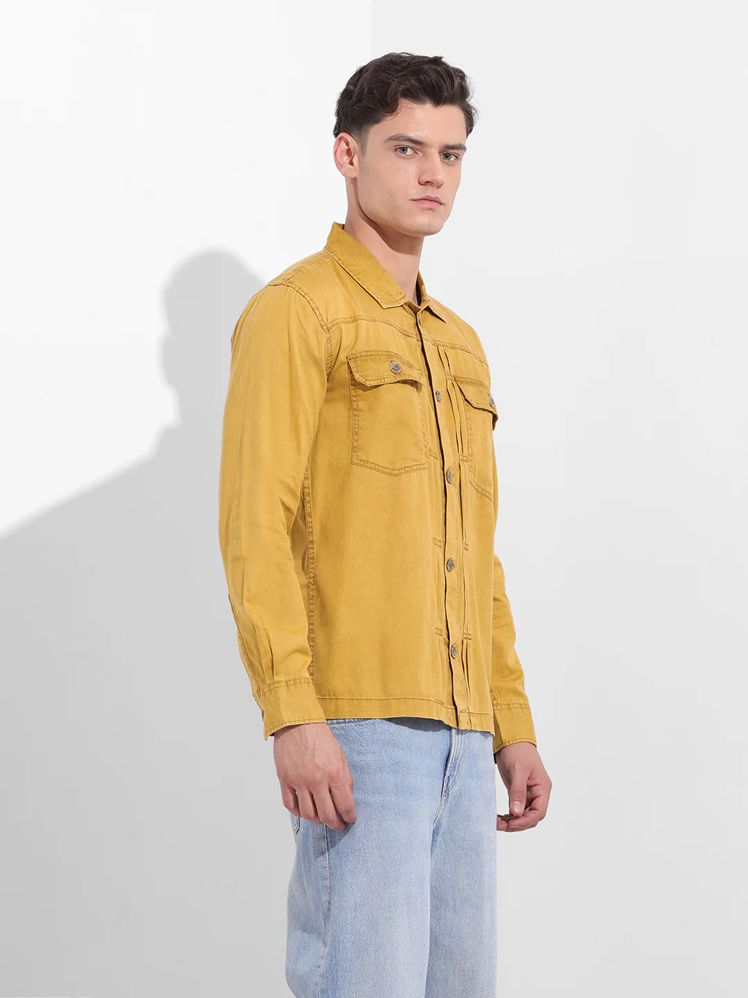Men's Yellow Regular Fit Solid Vintage Shirt - Image 3