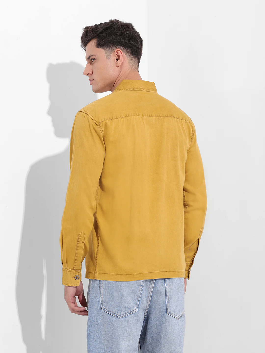 Men's Yellow Regular Fit Solid Vintage Shirt - Image 4