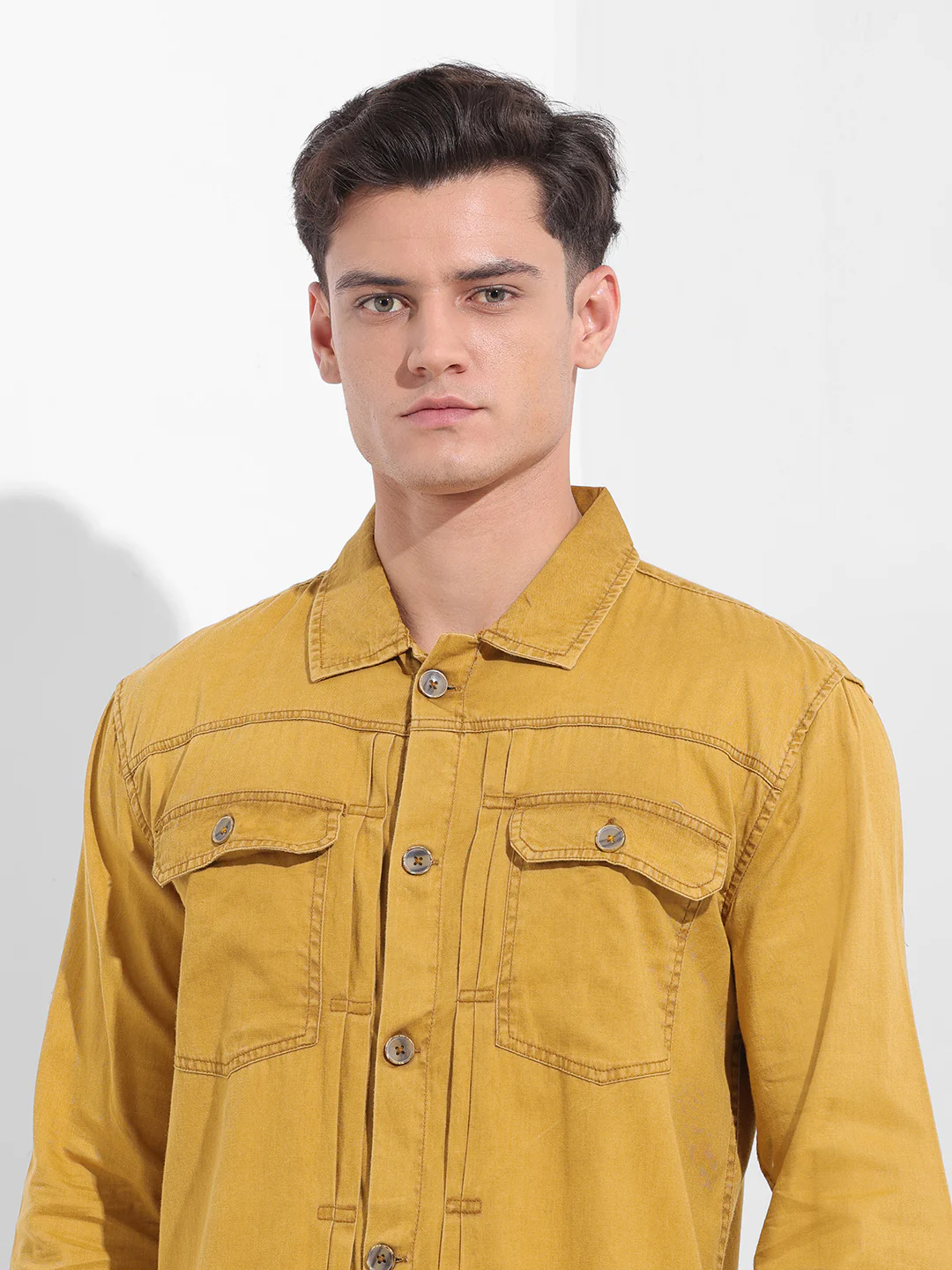 Men's Yellow Regular Fit Solid Vintage Shirt - Image 5