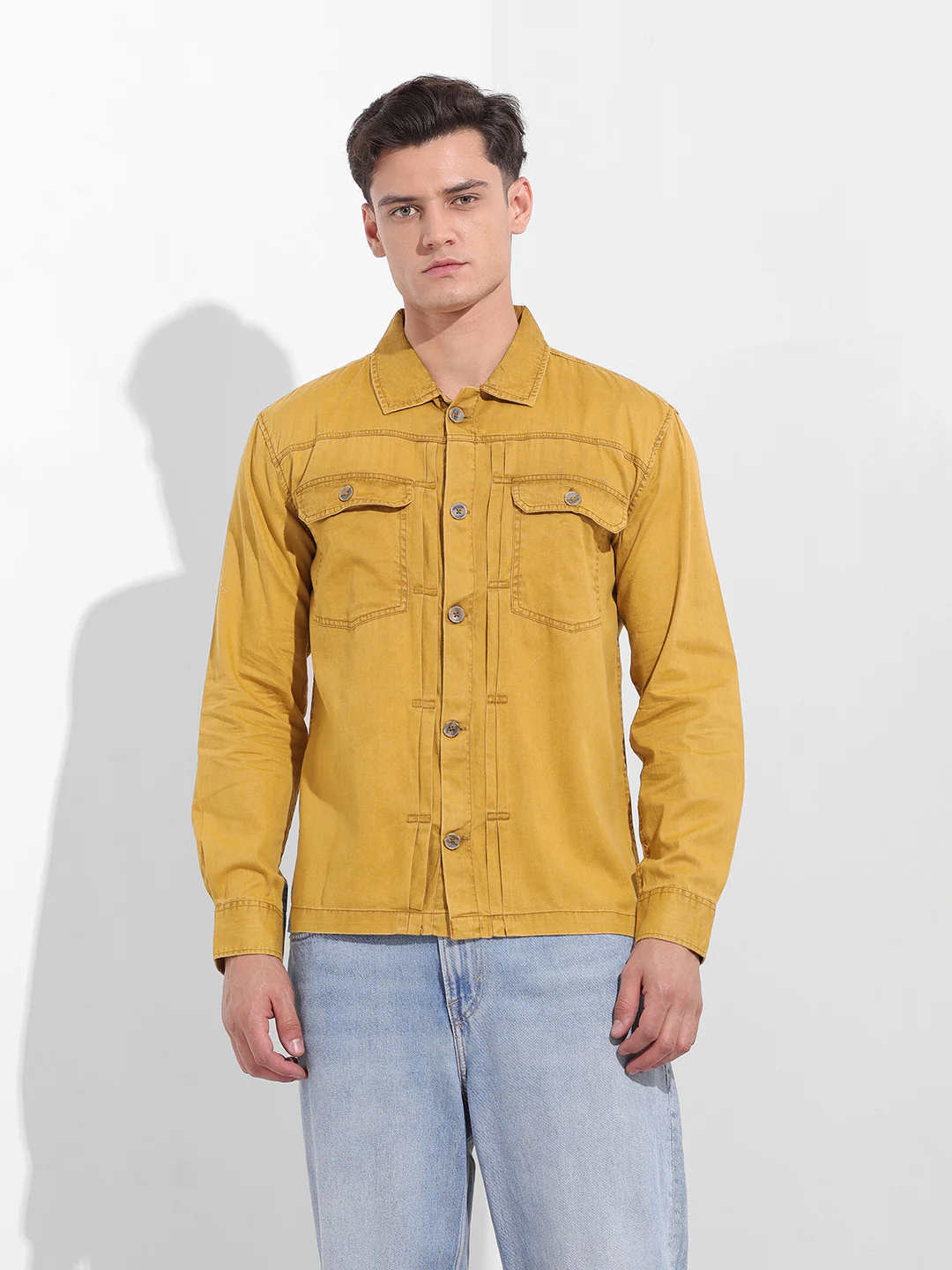 Men's Yellow Regular Fit Solid Vintage Shirt - Image 7