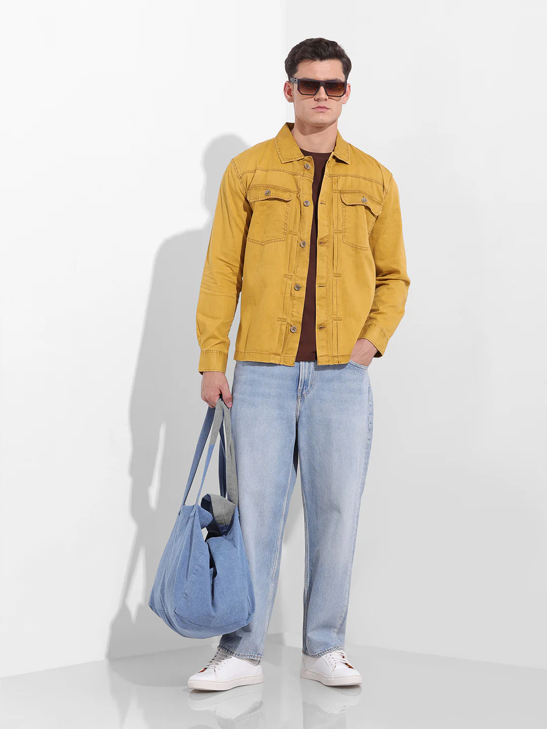 Men's Yellow Regular Fit Solid Vintage Shirt - Image 8