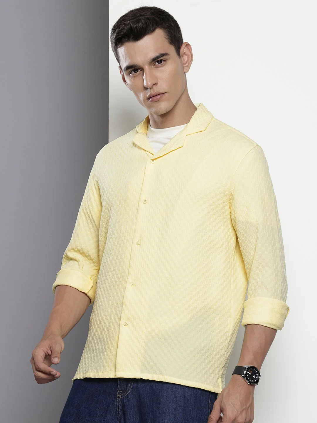 Men's Shadow Lime Relaxed Fit Solid Textured Shirt - Image 2