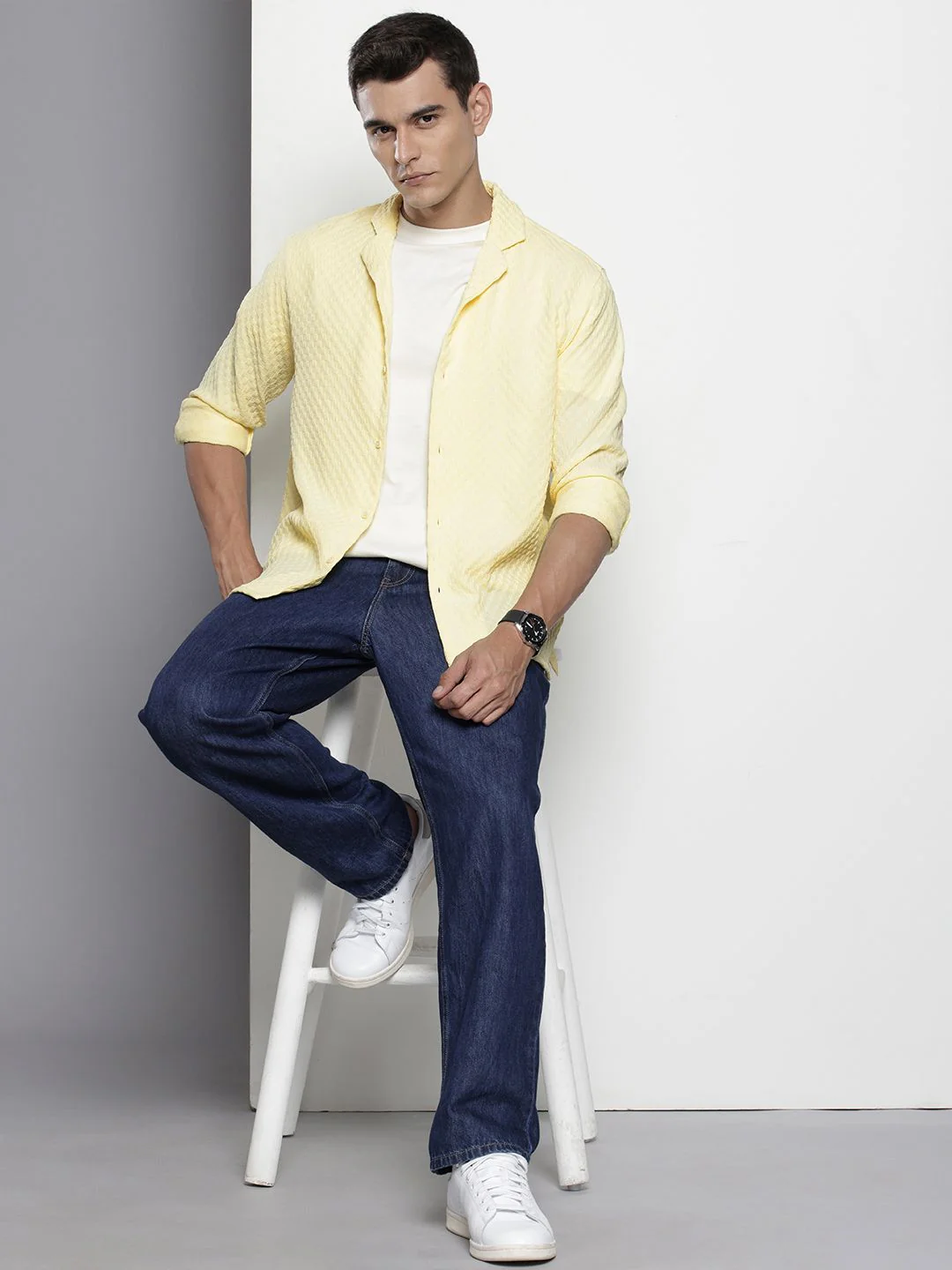 Men's Shadow Lime Relaxed Fit Solid Textured Shirt - Image 4