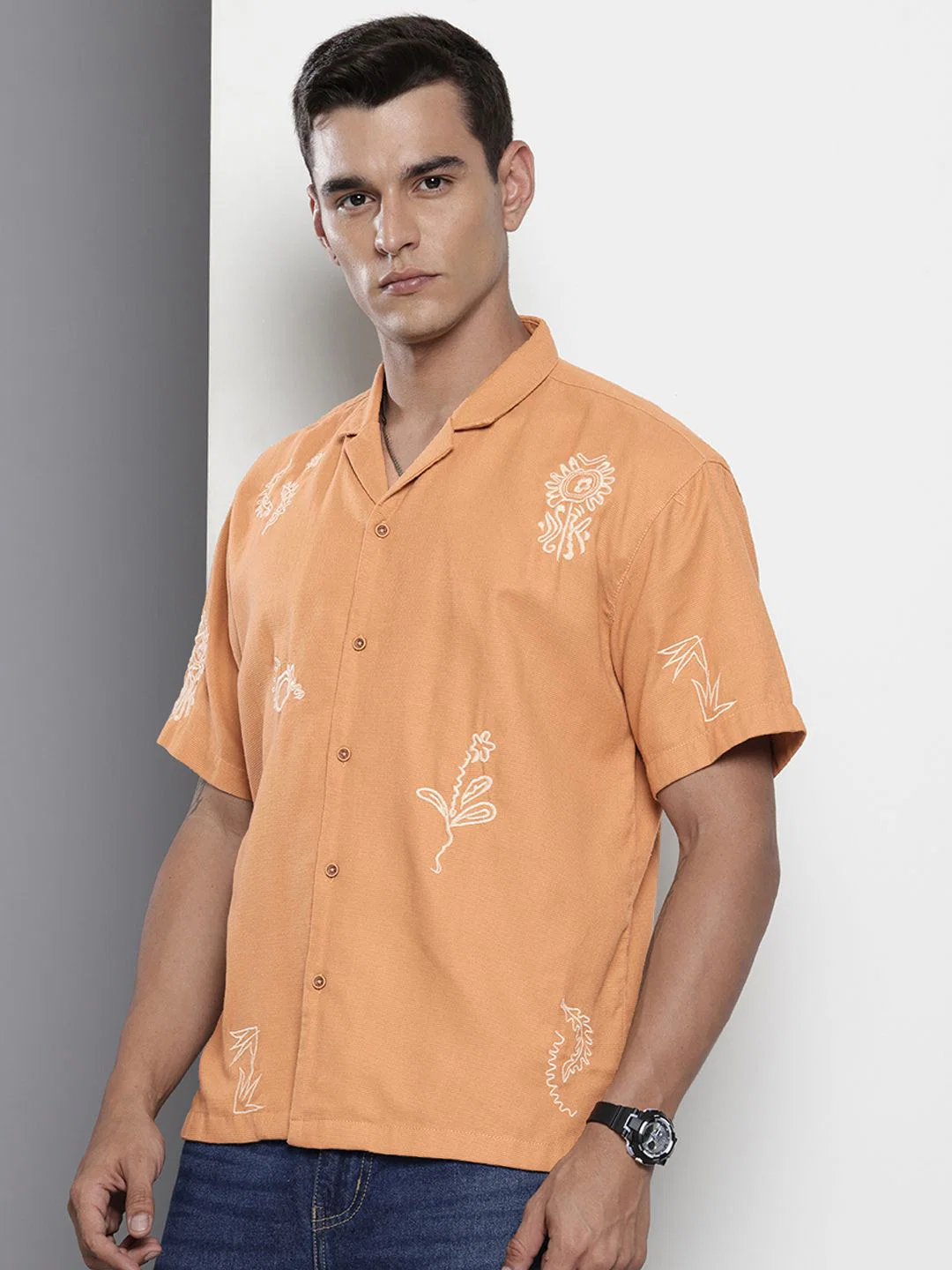 Men's Sunset Yellow Relaxed Fit  Embroidered Shirt - Image 2