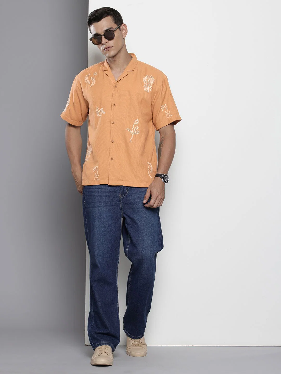 Men's Sunset Yellow Relaxed Fit  Embroidered Shirt - Image 3
