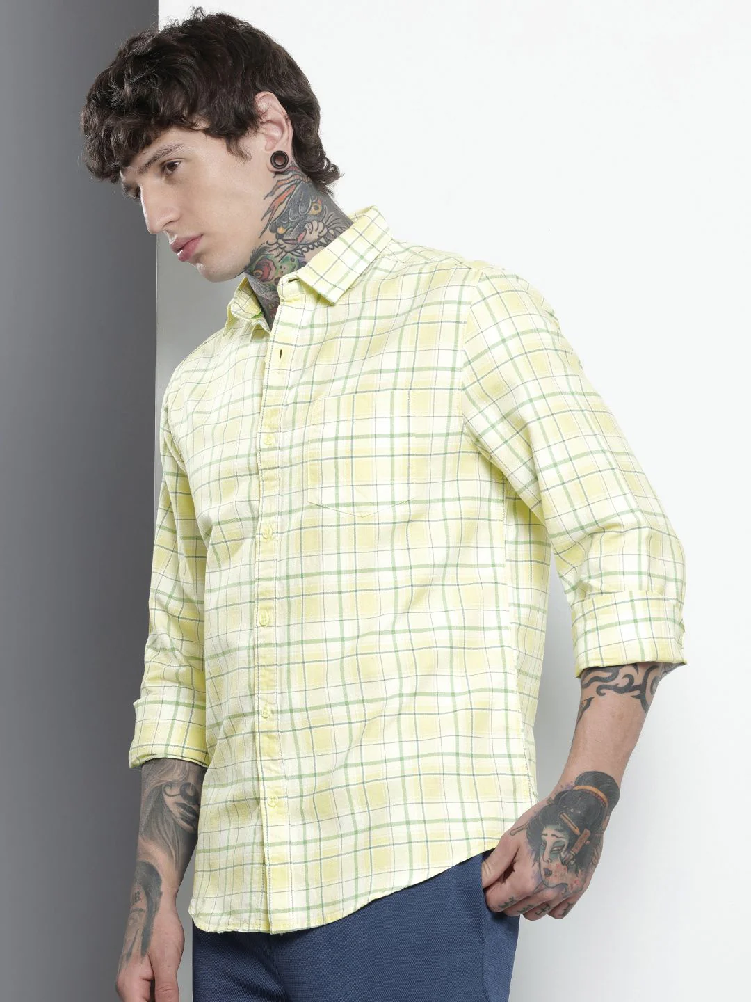 Men's Yellow Slim Fit Checked Casual Shirt - Image 2