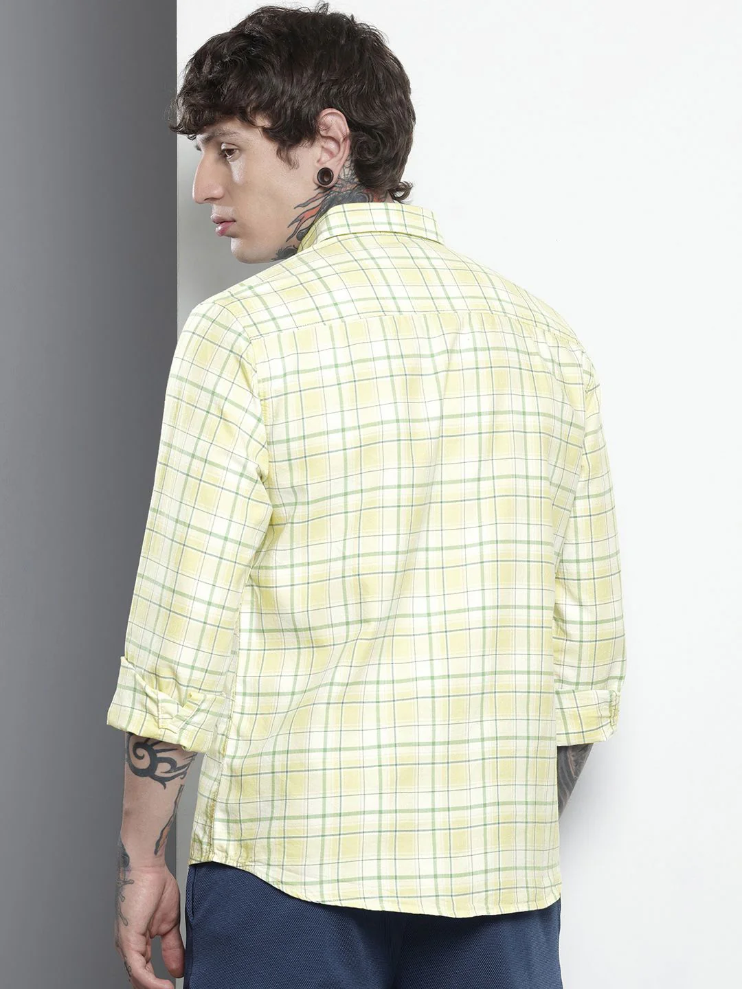 Men's Yellow Slim Fit Checked Casual Shirt - Image 4