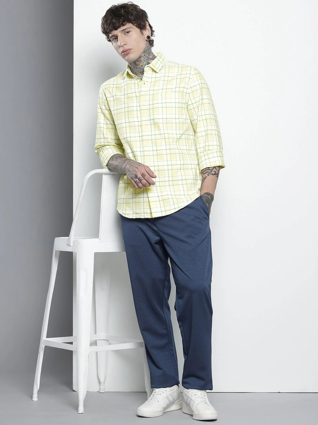 Men's Yellow Slim Fit Checked Casual Shirt - Image 5