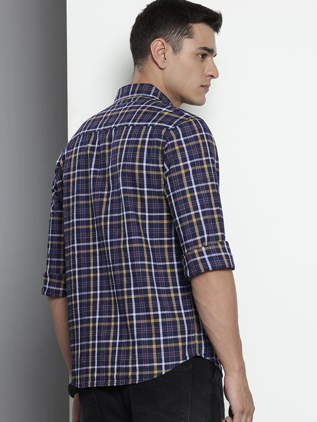 Men's Blue Slim Fit Checked Casual Shirt - Image 3