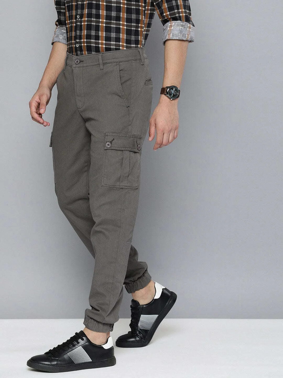 Men's Grey Slim Fit Solid Utility Cargo - Image 2