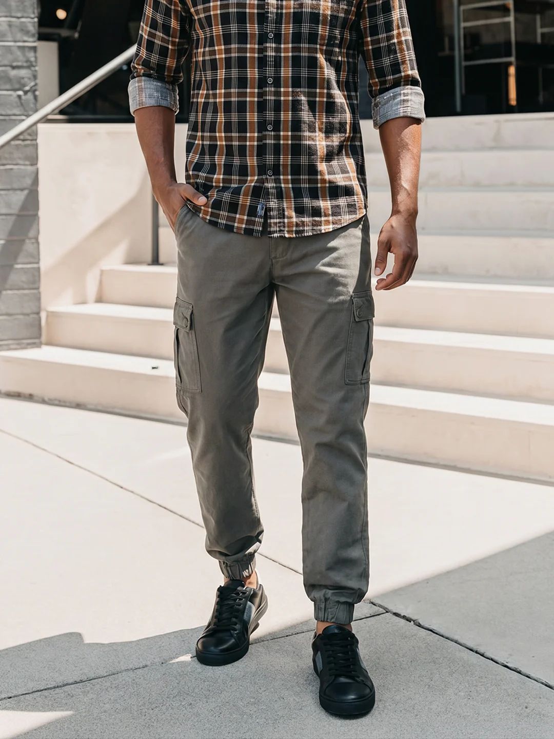 Men's Grey Slim Fit Solid Utility Cargo - Image 5